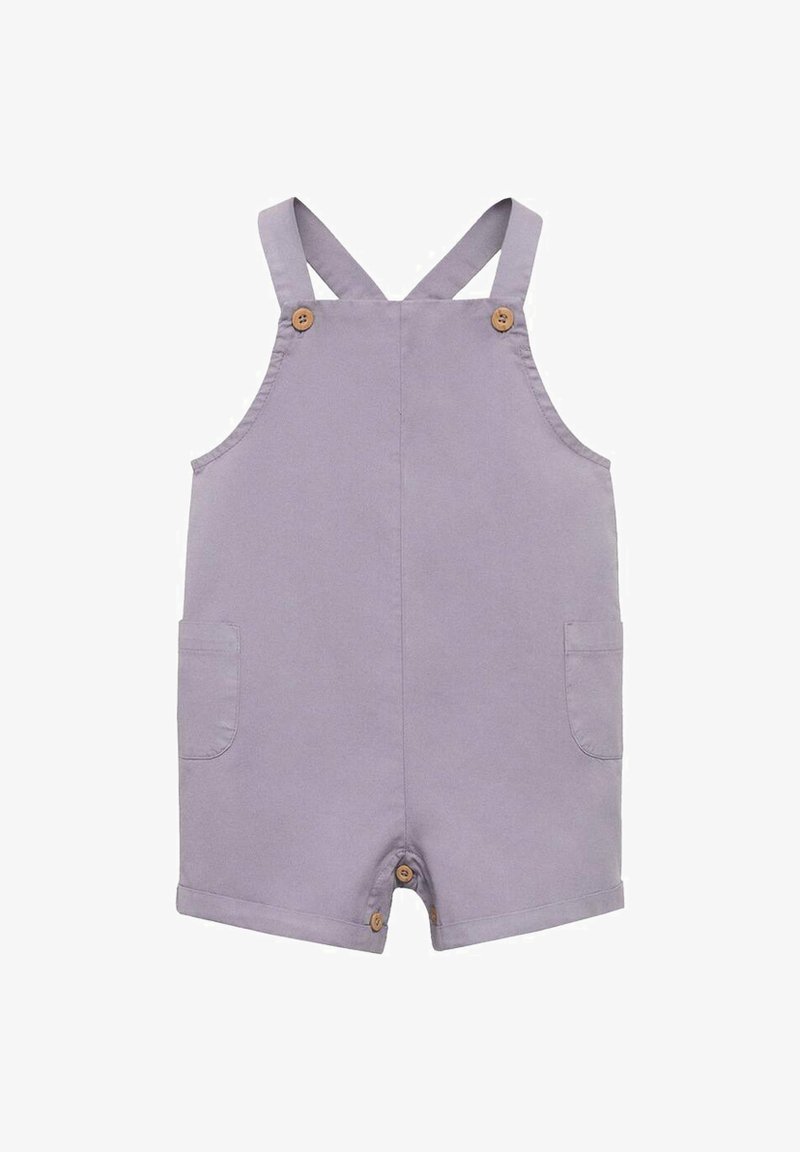 Ljubičaste bombažne kratke narodne hlače z nastavljivimi naramnicami, dvema sprednjima žepoma in lesenimi gumbi na ramenih ter odprtinah za noge.