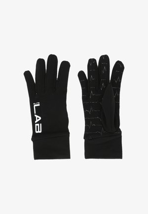 Sorte termohandsker med en glat overflade. Funktioner inkluderer et hjerteslagsmønster i grå, berøringsfølsomhed i tommel- og pegefinger, samt logo.