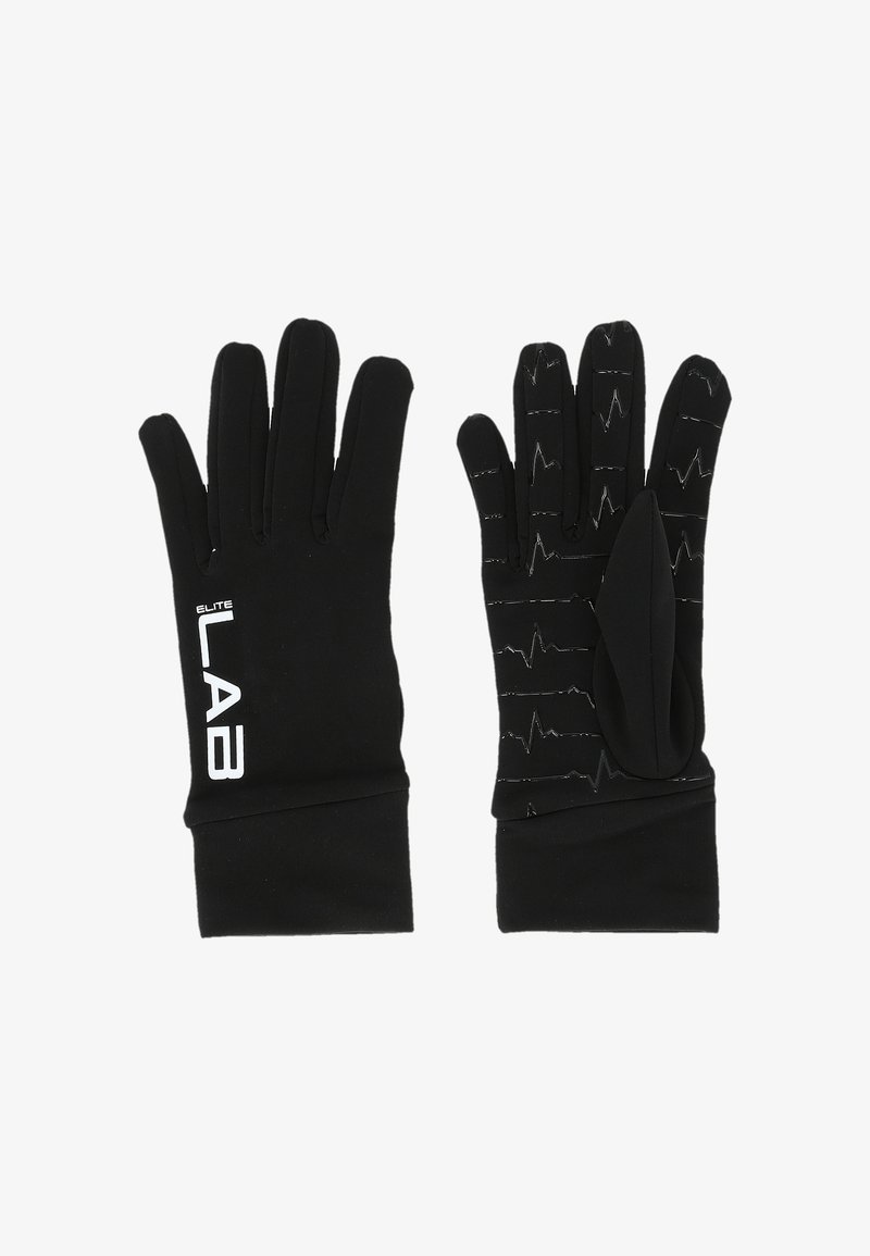 Zwarte thermische handschoenen met een gladde textuur. Kenmerken zijn onder andere een hartslagpatroon in het grijs, aanraakgevoeligheid op de duim en wijsvingertop, en een logo.