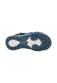 Niebieska i czarna podeszwa sportowa z teksturowanej gumy, z białym i szarym wzorem, logo na środku oraz wielokierunkowym wzorem przyczepności.