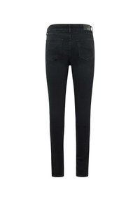 Juodi ploni džinsai, pagaminti iš denimo, su vidutinės talpos liemeniu, dviem užpakalinėm kišenėm ir lygia tekstūra.
