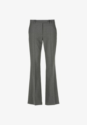 Grijze uitlopende broek gemaakt van geweven stof, met voorplooien, zijzakken en een enkele knoopsluiting bij de tailleband.