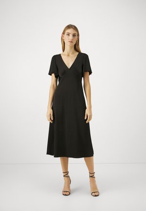 Black midi dress with a v-neck, short flutter sleeves, and an A-line silhouette. Smooth fabric with subtle gathering at the bust.