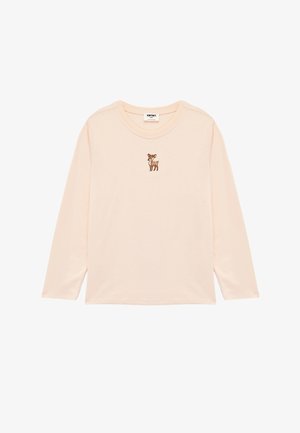 Long-sleeve shirt in soft pastel peach fabric, featuring a small embroidered deer design positioned centrally on the chest area.