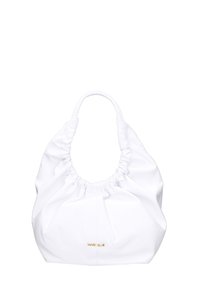 Borsa a mano bianca in pelle con design arricciato, manico singolo e piccolo logo dorato sul davanti. Tessuto liscio e forma arrotondata.