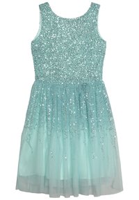 Robe de soirée sans manches bleu clair avec corsage ajusté en sequins et jupe en tulle fluide parsemée de sequins.