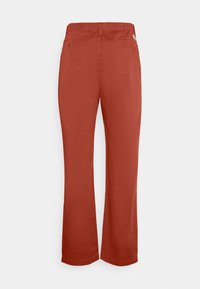 Red cotton blend pants with an elastic waistband, straight leg design, and two rear pockets. Smooth texture and solid color.