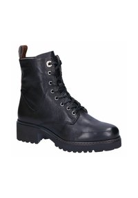Zwarte leren enkelboots met ronde neus, vetersluiting aan de voorkant en metalen ogen. Dikke zool met gestructureerd profiel en contrasterende stiksels.