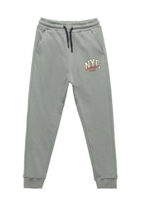 Helle graue Jogginghose aus weichem Material, mit einem elastischen Bund und Kordelzug, Seitentaschen und einem gestickten "NYC Gamer"-Design.