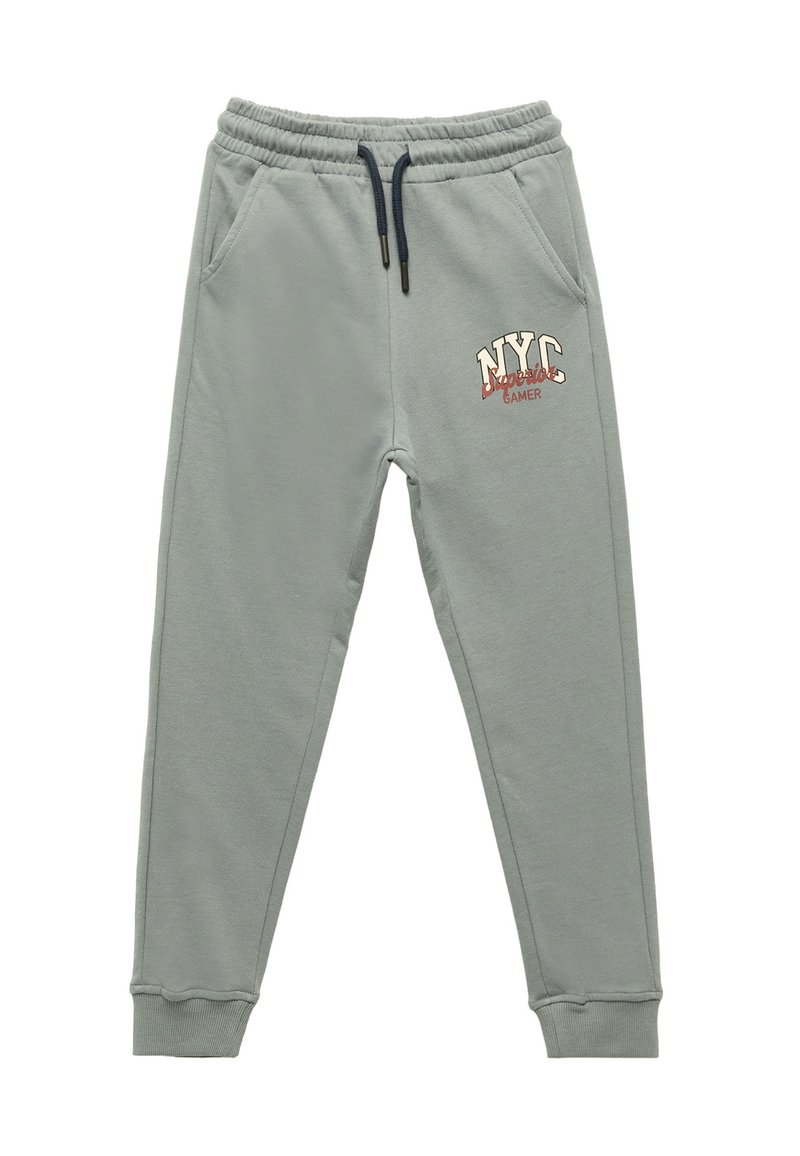 Helle graue Jogginghose aus weichem Material, mit einem elastischen Bund und Kordelzug, Seitentaschen und einem gestickten "NYC Gamer"-Design.
