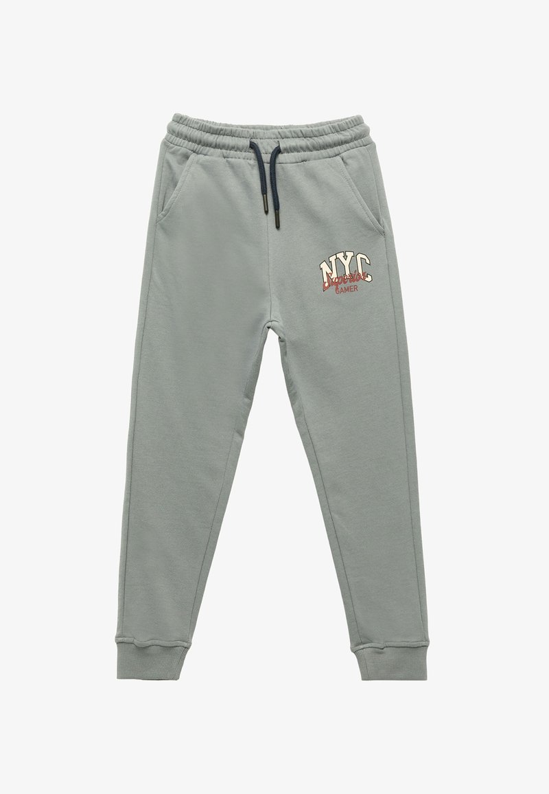 Helle graue Jogginghose aus weichem Material, mit einem elastischen Bund und Kordelzug, Seitentaschen und einem gestickten "NYC Gamer"-Design.