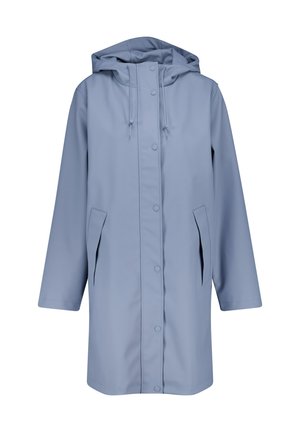 Cappotto antipioggia blu, impermeabile, con cappuccio, bottoni a scatto frontali e tasche laterali. Presenta una linea dritta e una texture liscia.