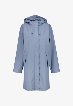 Blauwe, waterdichte regenjas met een capuchon, voorste drukknoopsluiting en zijzakken. Heeft een rechte snit en een soepele textuur.