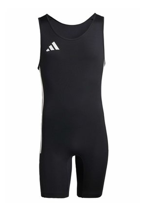 Black sleeveless athletic singlet with white Adidas logo on chest and white side stripes extending down legs.