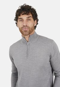 Grijze pullover met ritssluiting in de hals, gemaakt van fijn gebreid materiaal met een gladde textuur. Heeft een aansluitende snit en geribde manchetten.