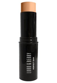 Svart cylindrisk tub med en matt yta, med en krämig, ljusbeige topp. Texten lyder "LORD & BERRY PERFECT SKIN" i vit font.