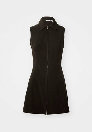 Black sleeveless dress featuring a collared neckline and front zipper closure, made of smooth fabric with a fitted silhouette and flared hem.