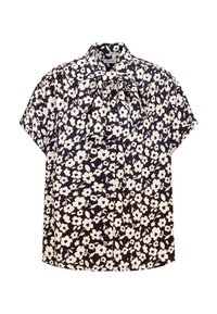 Kortärmad blus i marinblått tyg med vit blommönster, med en knytning vid kragen och knappstängning framtill.