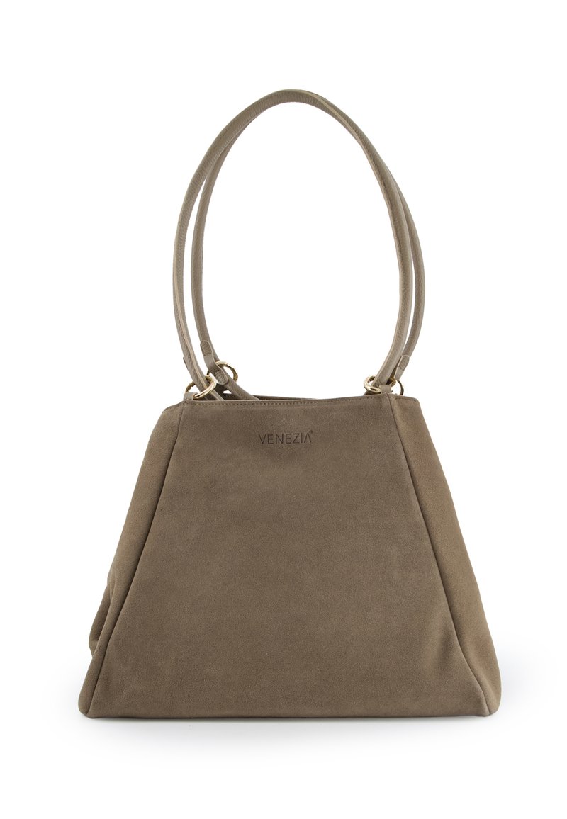 Szara zamszowa torebka o geometrycznym kształcie, z dwoma górnymi uchwytami, złotymi akcentami oraz wytłoczonym logo "VENEZIA" na froncie.