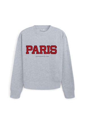 Grauer Sweatshirt mit Rundhals, ausgestattet mit auffälligem roten "PARIS"-Text und kleiner schwarzer Schrift darunter. Weicher Stoff mit langen Ärmeln.