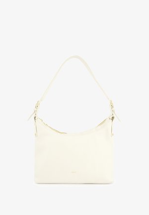 Sac à épaule en cuir blanc avec une forme courbée, détail de fermeture éclair dorée et bandoulière réglable. Présente une discrète marque sur le devant.