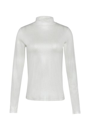 Langärmeliges, hochgeschlossenes Oberteil aus glänzendem, metallischem Stoff in Weiß. Verfügt über eine glatte Textur und ein eng anliegendes Design ohne sichtbare Nähte oder Muster.