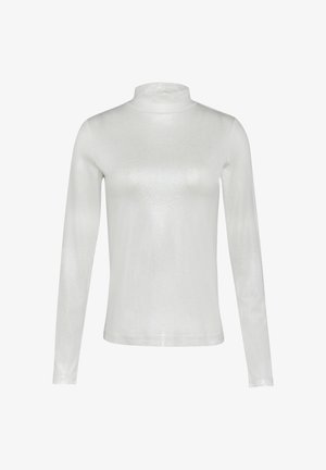 Langärmeliges, hochgeschlossenes Oberteil aus glänzendem, metallischem Stoff in Weiß. Verfügt über eine glatte Textur und ein eng anliegendes Design ohne sichtbare Nähte oder Muster.
