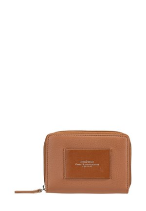 Brown leather wallet with a textured surface, zip closure, and a rectangular embossed patch displaying "MAÎTRE Finest Leather Goods."