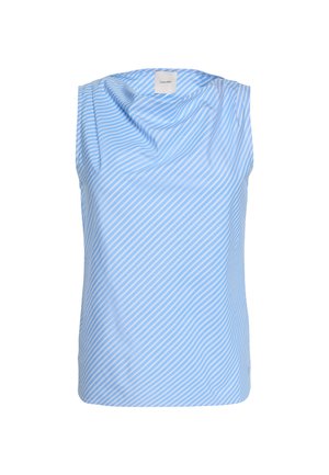 Μπλούζα χωρίς μανίκια σε μπλε και άσπρες διαγώνιες ρίγες με ντραπέ ντεκολτέ και ετικέτα Calvin Klein στο εσωτερικό του γιακά.