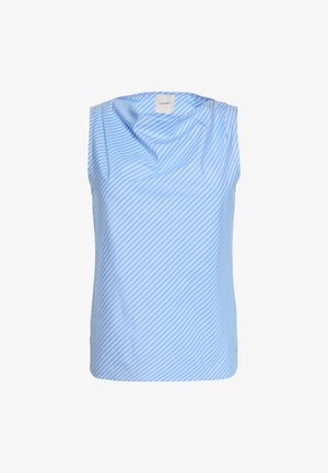 Μπλούζα χωρίς μανίκια σε μπλε και άσπρες διαγώνιες ρίγες με ντραπέ ντεκολτέ και ετικέτα Calvin Klein στο εσωτερικό του γιακά.