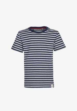 Gestreiftes T-Shirt mit abwechselnden Marine- und Graustripes, Rundhalsausschnitt, kurzen Ärmeln und einem kleinen Logolabel am Saum.