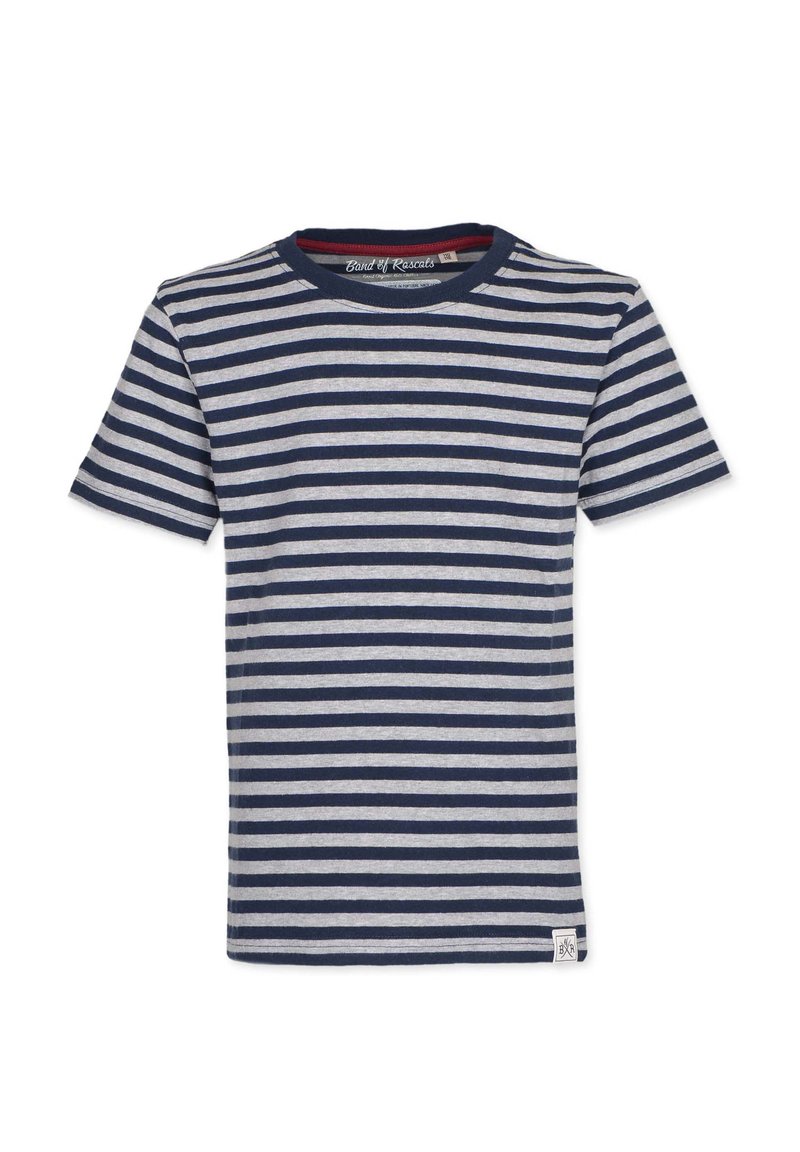 Stribet t-shirt med skiftevis marineblå og grå striber, rund hals, korte ærmer og et lille logo etikette i kanten.