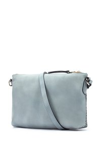 Bolso cruzado de cuero azul claro y suave, con cierre de cremallera, una correa ajustable y acentos texturizados en el lateral. Diseño compacto y elegante.