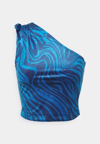 Haut court bleu asymétrique à une épaule avec un motif abstrait de vagues bleu foncé et le texte "Juicy Couture" sur un tissu doux.