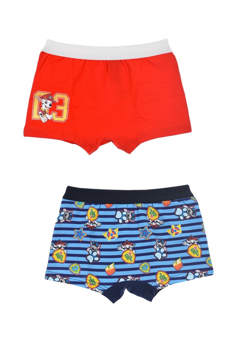Boxer da uomo in cotone rosso con cintura bianca e stampa di personaggi. Pantaloni corti a righe blu con grafiche di personaggi a fantasia e cintura scura.