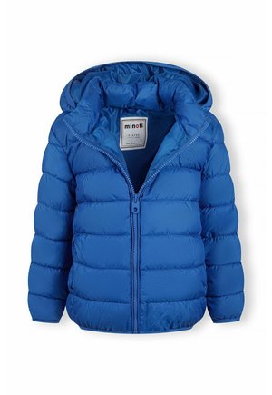 Veste doudoune bleue avec capuche. Texture matelassée, fermeture éclair à l'avant et poignets élastiques. Conçu pour les enfants âgés de 5 ans.