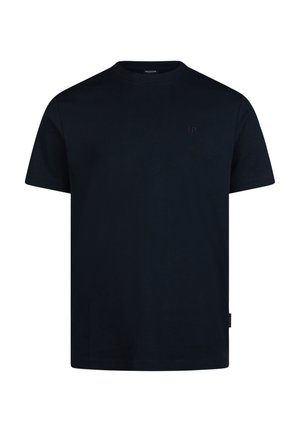 Navy blue cotton t-shirt with short sleeves, crew neckline, and a subtle logo embroidered on the chest. Soft texture, relaxed fit.