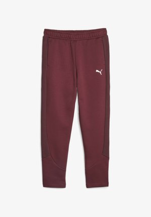 Viininpunaiset urheiluhousut, joissa on tekstuuri, joustava vyötärö, verkkopaneelit sivuilla ja valkoinen logo vasemmalla reidellä.