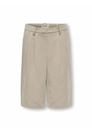Pantaloncini beige su misura fino al ginocchio con passanti per cintura, pieghe frontali e chiusura frontale nascosta.