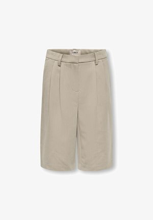 Pantaloncini beige su misura fino al ginocchio con passanti per cintura, pieghe frontali e chiusura frontale nascosta.