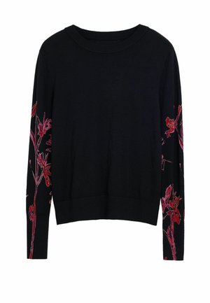 Black sweater with long sleeves, featuring vibrant red floral embroidery on both sleeves. Knitted fabric with a crew neck and ribbed hem.