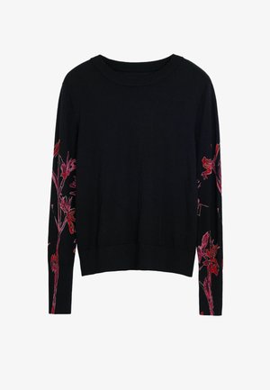Svart tröja med långa ärmar, med livfull röd blommig broderi på båda ärmarna. Stickad tyg med rund halsringning och ribbstickad nederkant.
