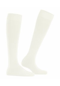 Calze alte fino al ginocchio di colore bianco uniforme, realizzate in un materiale liscio. Presentano un bordo a costine nella parte superiore e un design senza cuciture.