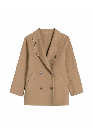 Beżowy dwurzędowy płaszcz wełniany z szerokimi klapami, dwoma przednimi kieszeniami i czarnymi guzikami, zaprojektowany na chłodne dni.