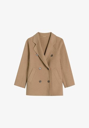 Beżowy dwurzędowy płaszcz wełniany z szerokimi klapami, dwoma przednimi kieszeniami i czarnymi guzikami, zaprojektowany na chłodne dni.