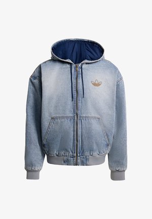 Hele sinine teksariidest kapuutsiga jakk lukuga, kahe ees tasku, soonikkoes varrukapuud ja alumine äär ning beež tikandiga logo rinnal.