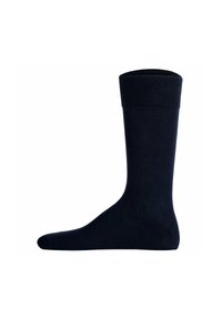 Calzino blu navy realizzato in tessuto morbido con bordo a costine. Presenta una superficie liscia e una forma standard senza motivi o decorazioni.