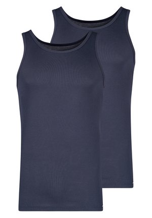 Marineblaue Baumwoll-Tanktops mit einer figurschmeichelnden Passform, ausgestattet mit geripptem Design, breiten Trägern und einem runden Ausschnitt. Zwei Teile enthalten.