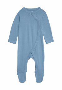 Himmelblaues Babystrampler aus weicher Baumwolle. Mit langen Ärmeln, einem Wickeldesign mit Druckknöpfen und Fußteilen für zusätzliche Wärme.