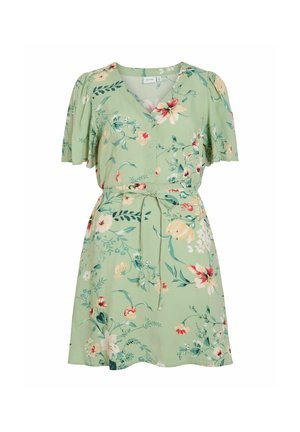 VILA, VIGRACE V-NECK S/S SHORT DRESS - NOOS - Robe de jour - smoke green
